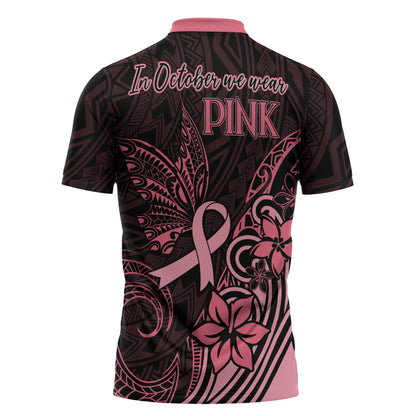 Polynesian Zipper Polo Shirt Breast Cancer Ribbon Butterfly Mix Plumeria Curves Pink