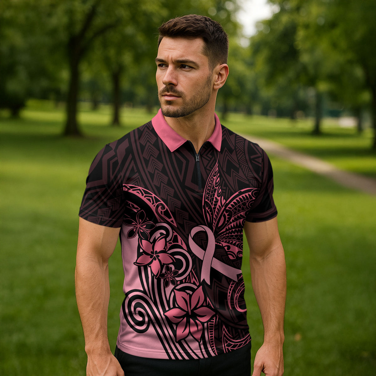 Polynesian Zipper Polo Shirt Breast Cancer Ribbon Butterfly Mix Plumeria Curves Pink