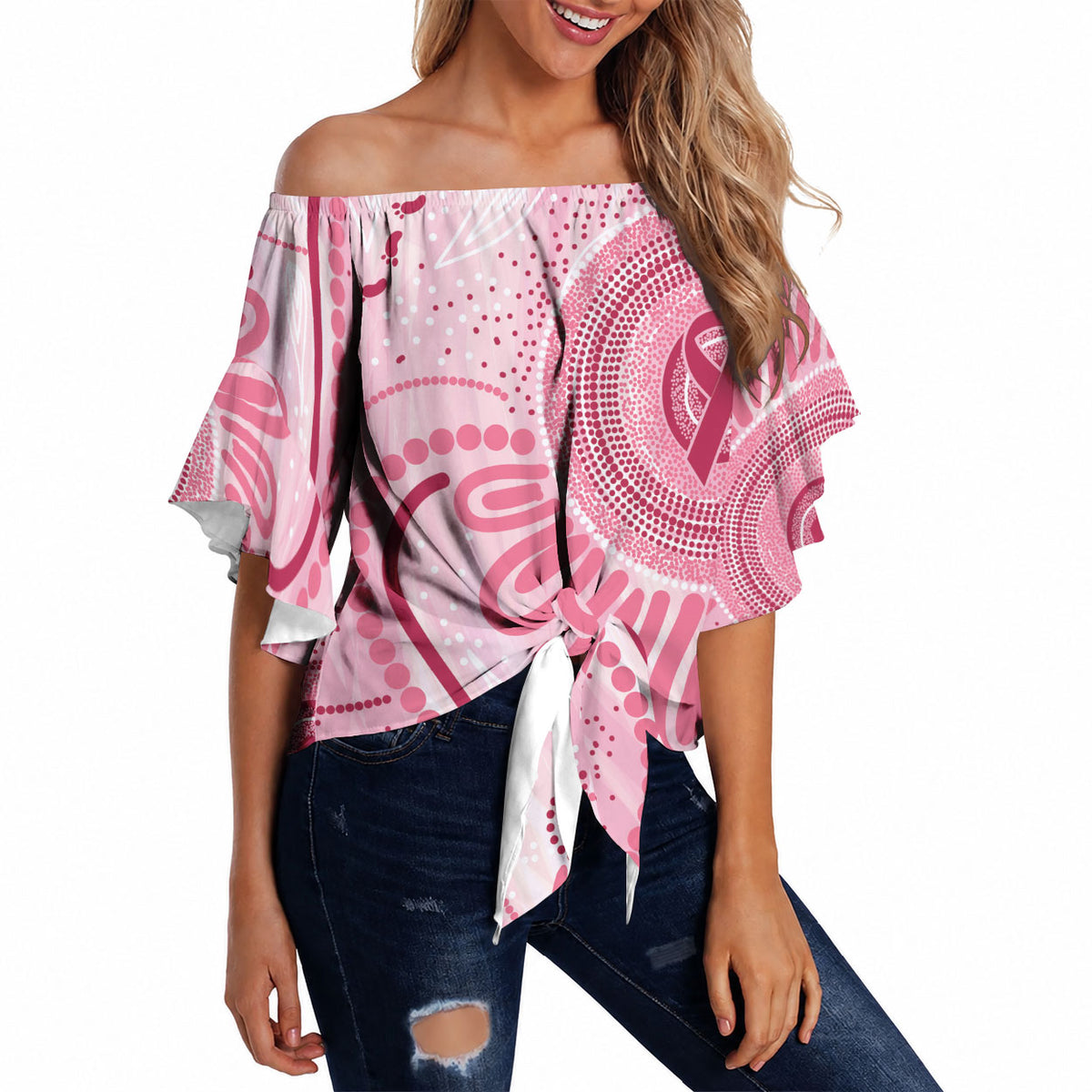 NAIDOC Week 2025 Indigenous Off Shoulder Wrap Waist Top Breast Cancer Pink Ribbon