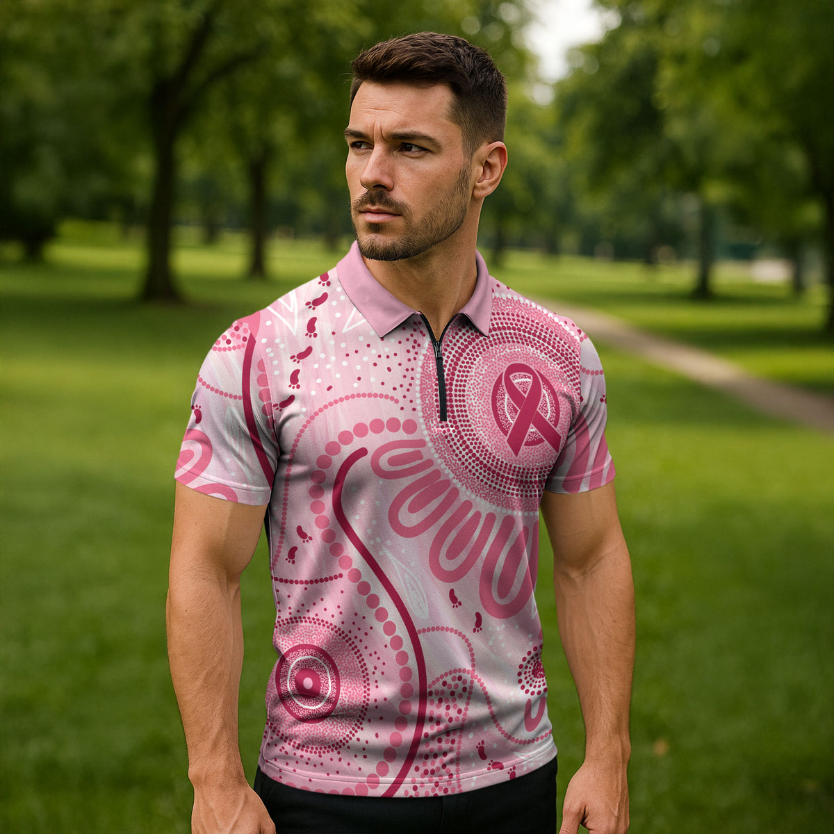 NAIDOC Week 2025 Indigenous Zipper Polo Shirt Breast Cancer Pink Ribbon