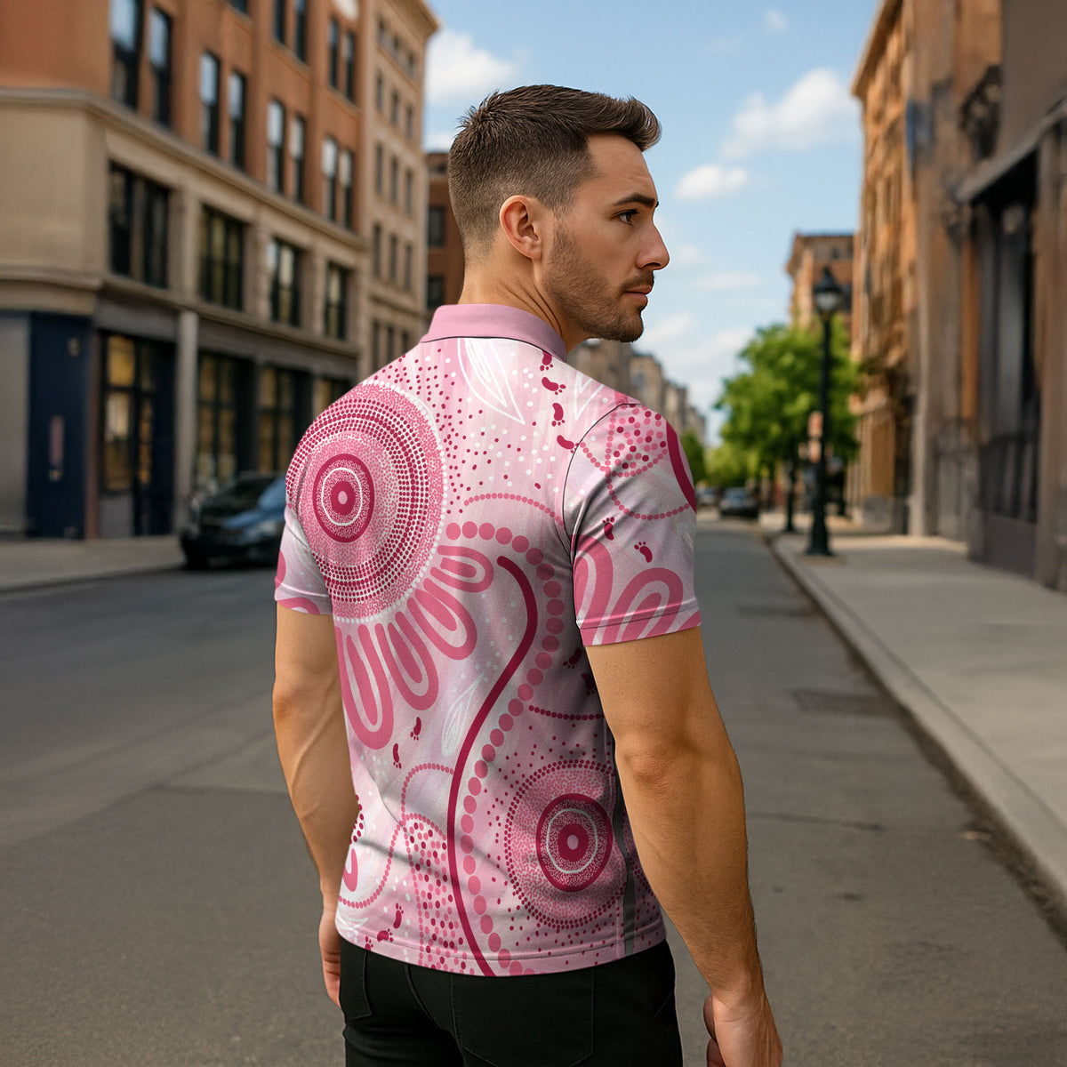 NAIDOC Week 2025 Indigenous Zipper Polo Shirt Breast Cancer Pink Ribbon