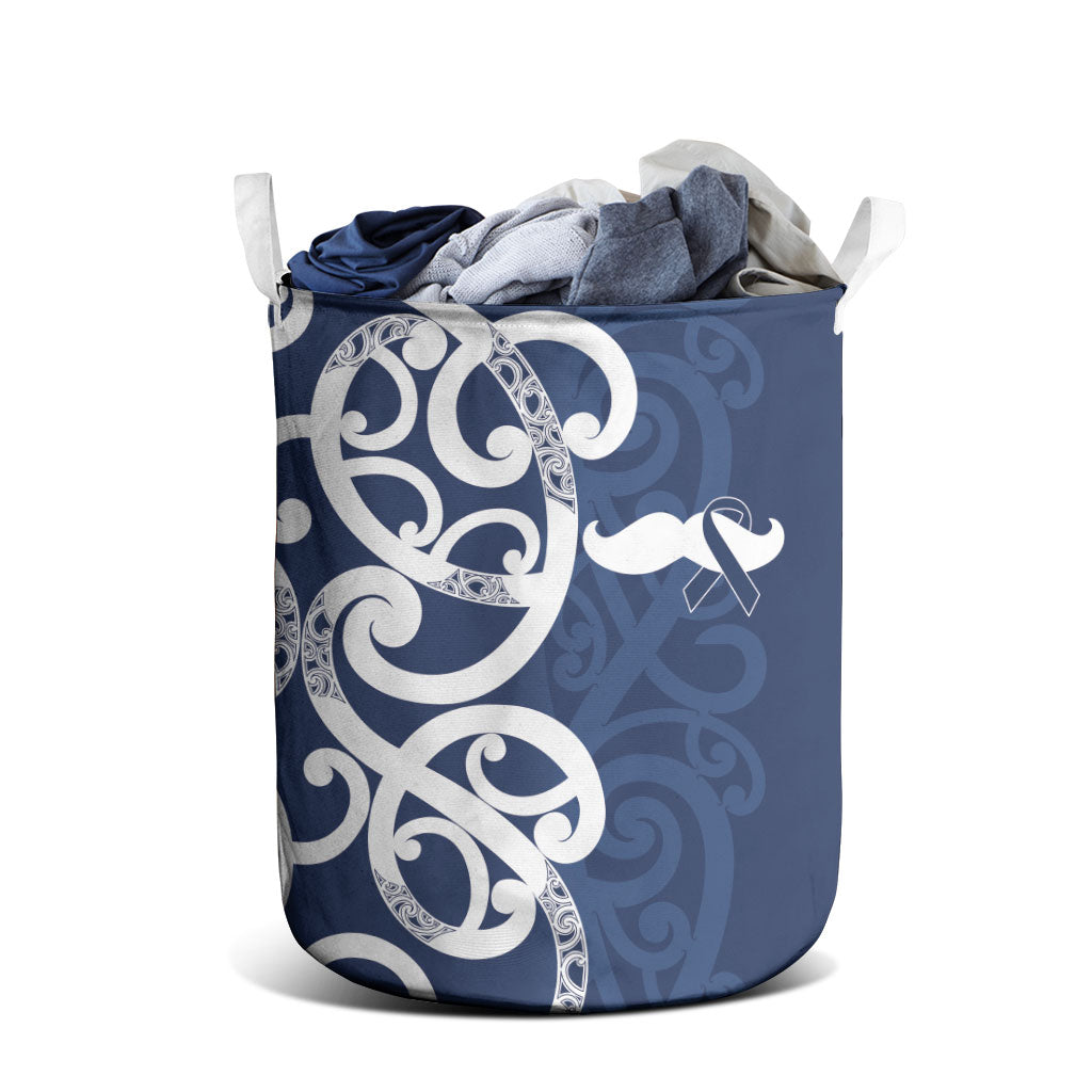New Zealand Maori Mo Bros Laundry Basket Blue Ribbon With Koru Kowhaiwhai
