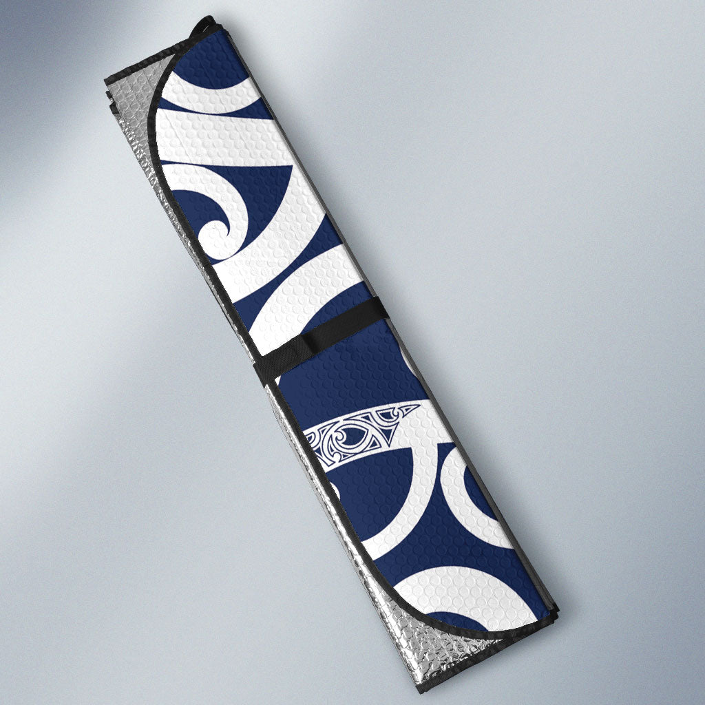 New Zealand Maori Mo Bros Auto Sun Shade Blue Ribbon With Koru Kowhaiwhai