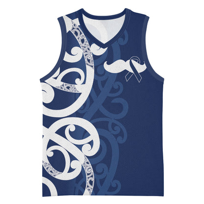 New Zealand Maori Mo Bros Basketball Jersey Blue Ribbon With Koru Kowhaiwhai