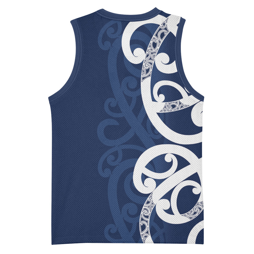 New Zealand Maori Mo Bros Basketball Jersey Blue Ribbon With Koru Kowhaiwhai