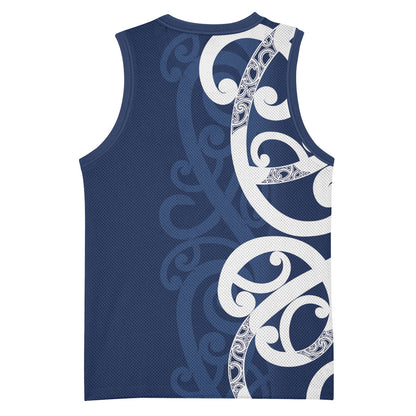 New Zealand Maori Mo Bros Basketball Jersey Blue Ribbon With Koru Kowhaiwhai