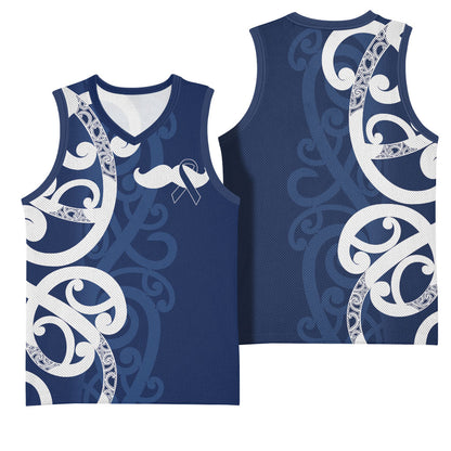 New Zealand Maori Mo Bros Basketball Jersey Blue Ribbon With Koru Kowhaiwhai