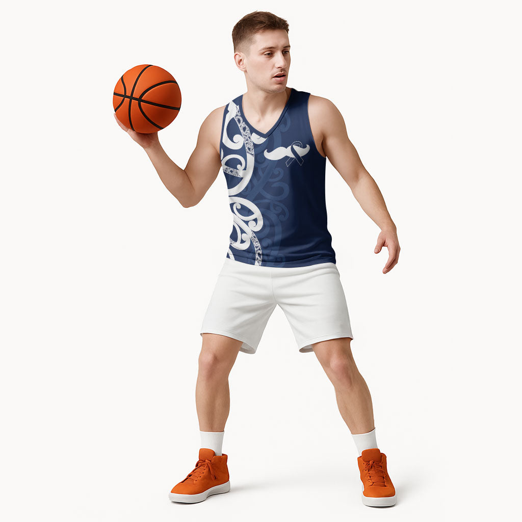 New Zealand Maori Mo Bros Basketball Jersey Blue Ribbon With Koru Kowhaiwhai
