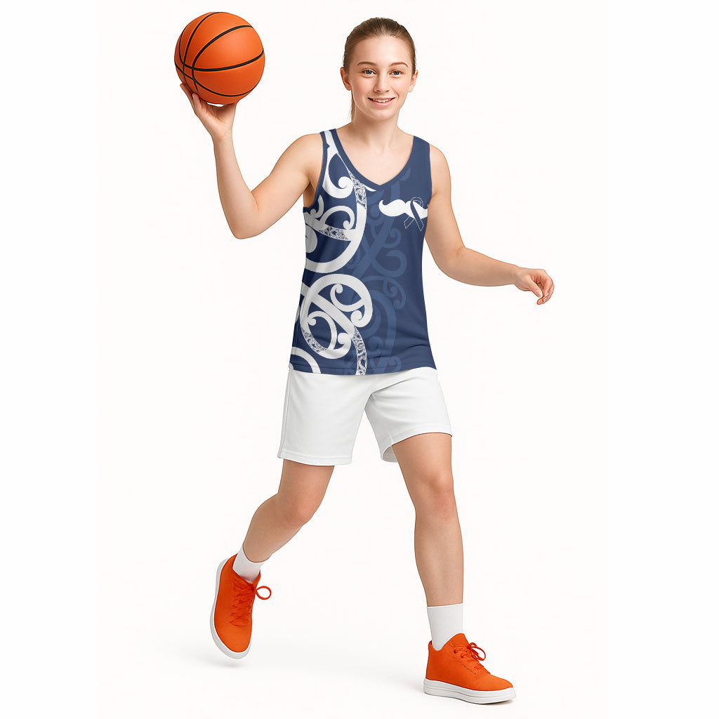 New Zealand Maori Mo Bros Basketball Jersey Blue Ribbon With Koru Kowhaiwhai