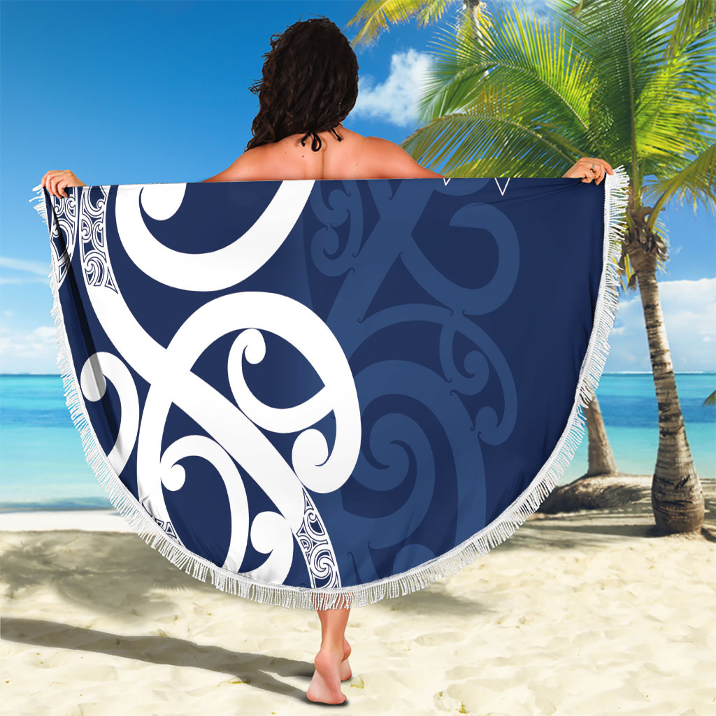 New Zealand Maori Mo Bros Beach Blanket Blue Ribbon With Koru Kowhaiwhai