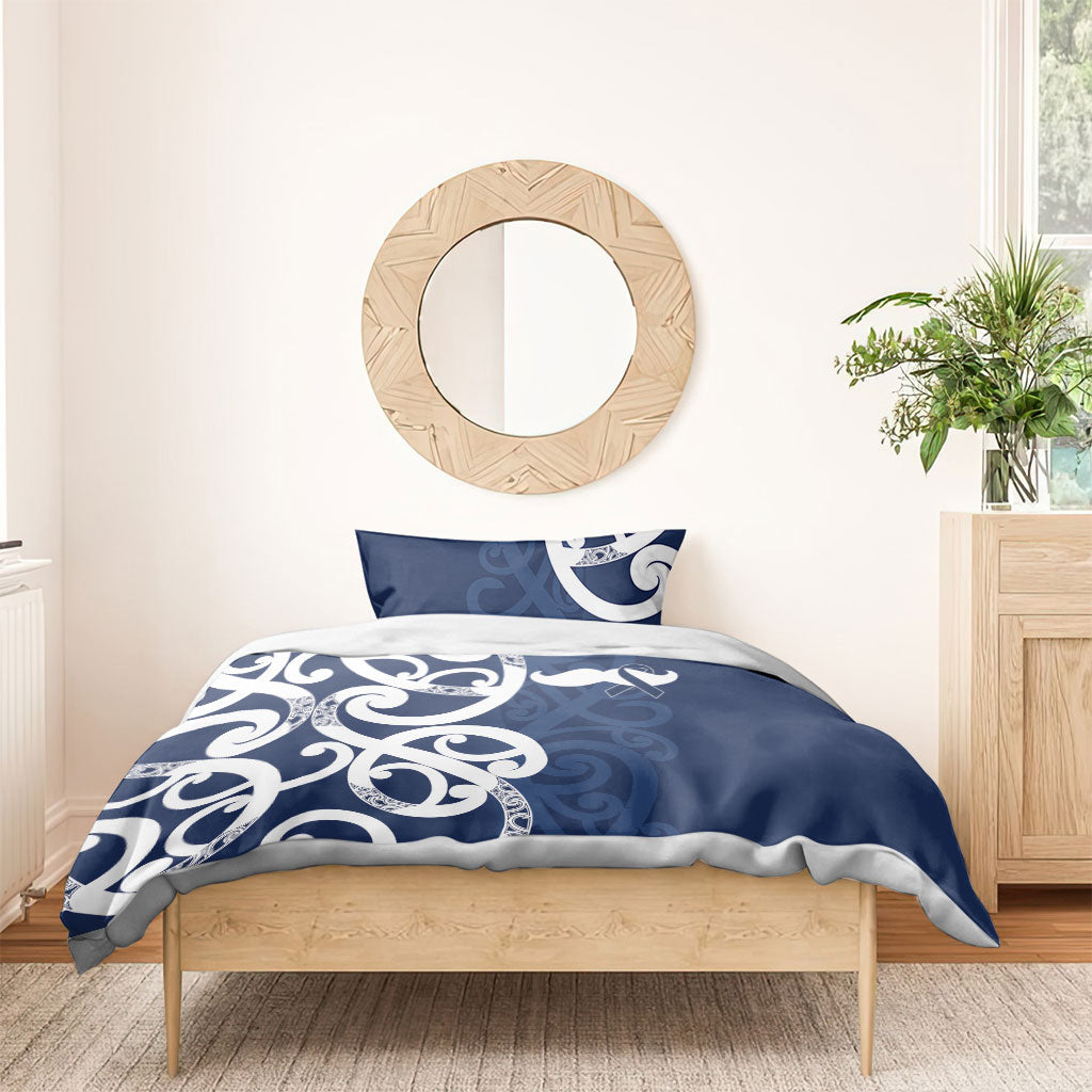 New Zealand Maori Mo Bros Bedding Set Blue Ribbon With Koru Kowhaiwhai