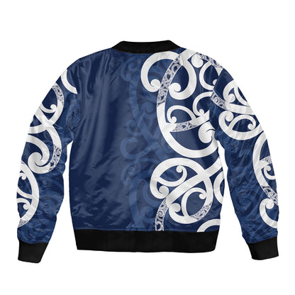 New Zealand Maori Mo Bros Bomber Jacket Blue Ribbon With Koru Kowhaiwhai