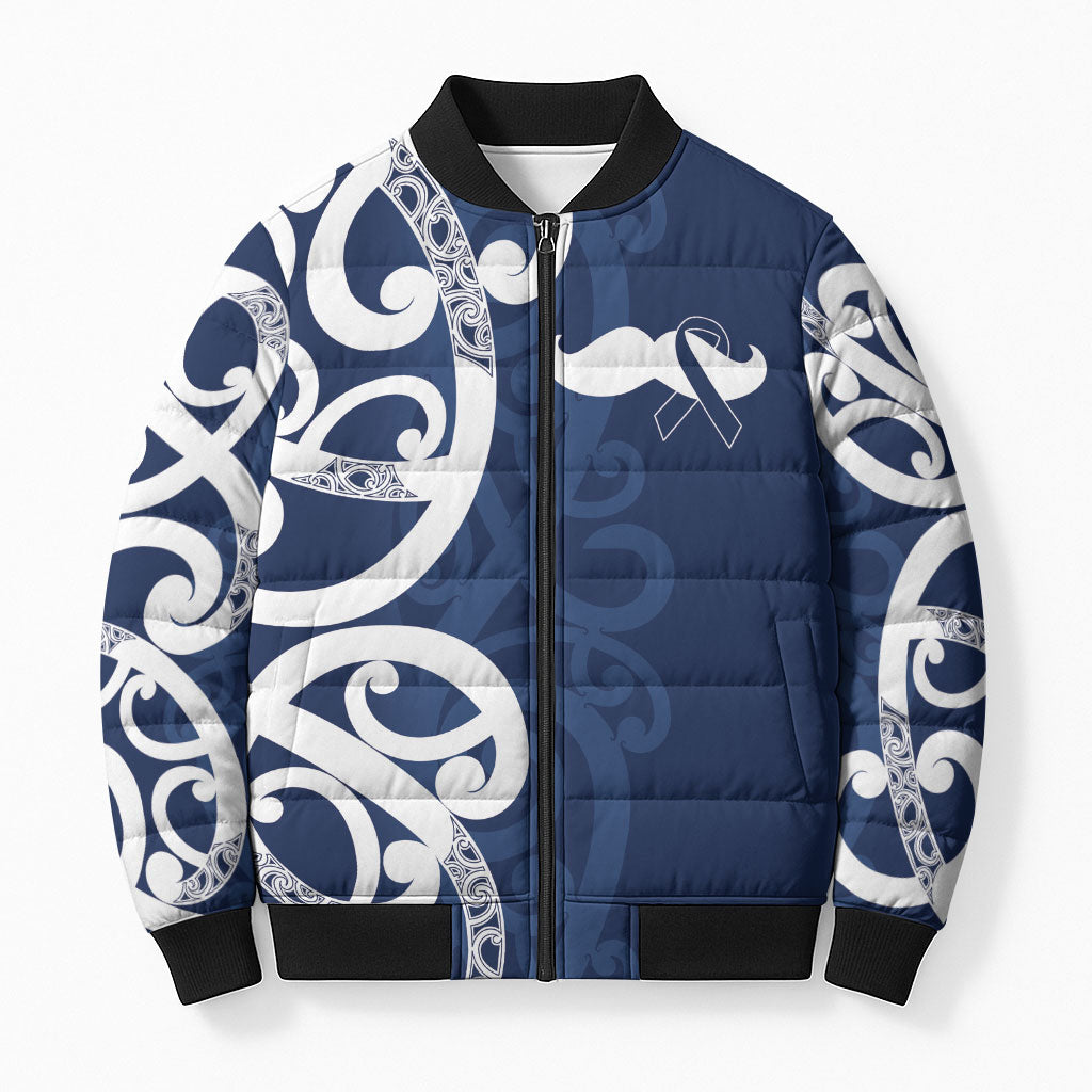 New Zealand Maori Mo Bros Bomber Puffer Jacket Blue Ribbon With Koru Kowhaiwhai