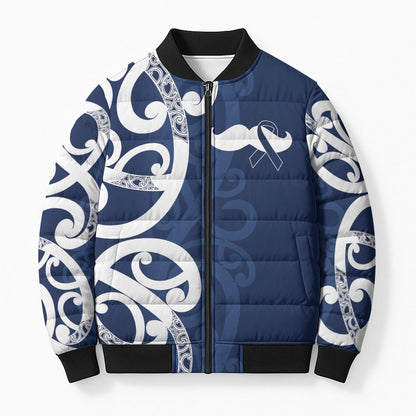 New Zealand Maori Mo Bros Bomber Puffer Jacket Blue Ribbon With Koru Kowhaiwhai