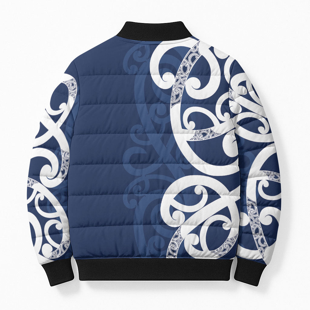 New Zealand Maori Mo Bros Bomber Puffer Jacket Blue Ribbon With Koru Kowhaiwhai