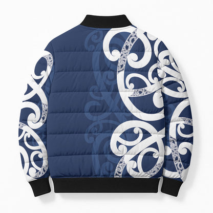 New Zealand Maori Mo Bros Bomber Puffer Jacket Blue Ribbon With Koru Kowhaiwhai