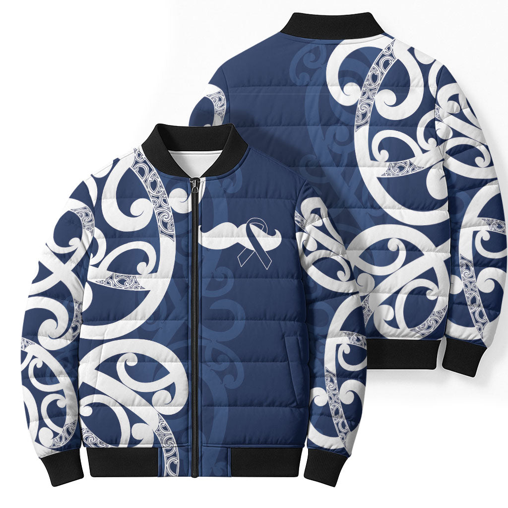 New Zealand Maori Mo Bros Bomber Puffer Jacket Blue Ribbon With Koru Kowhaiwhai