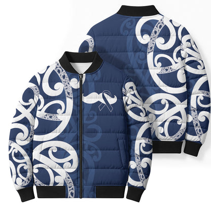 New Zealand Maori Mo Bros Bomber Puffer Jacket Blue Ribbon With Koru Kowhaiwhai