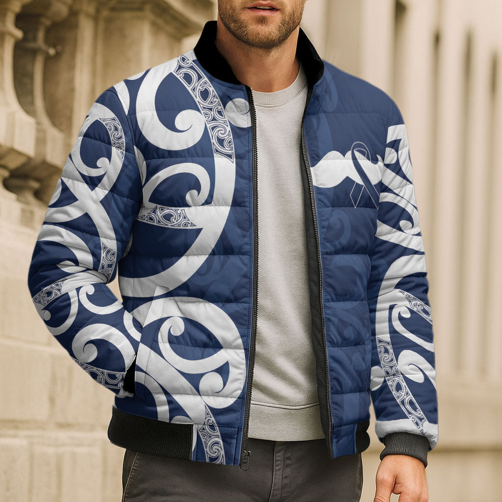 New Zealand Maori Mo Bros Bomber Puffer Jacket Blue Ribbon With Koru Kowhaiwhai