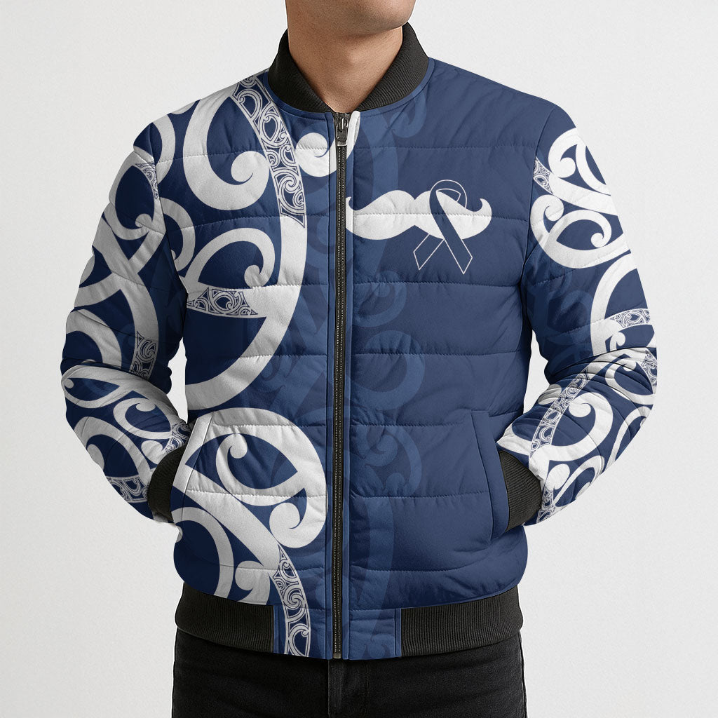New Zealand Maori Mo Bros Bomber Puffer Jacket Blue Ribbon With Koru Kowhaiwhai