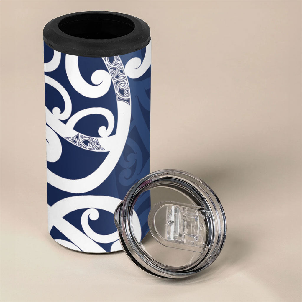 New Zealand Maori Mo Bros 4 in 1 Can Cooler Tumbler Blue Ribbon With Koru Kowhaiwhai