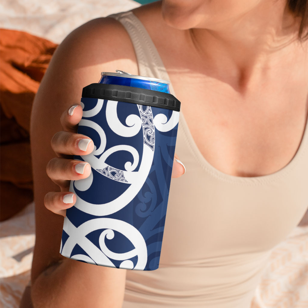 New Zealand Maori Mo Bros 4 in 1 Can Cooler Tumbler Blue Ribbon With Koru Kowhaiwhai