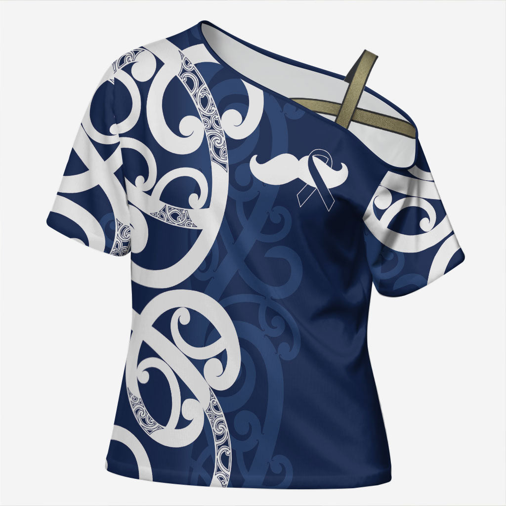 New Zealand Maori Mo Bros Cross Shoulder Shirt Blue Ribbon With Koru Kowhaiwhai