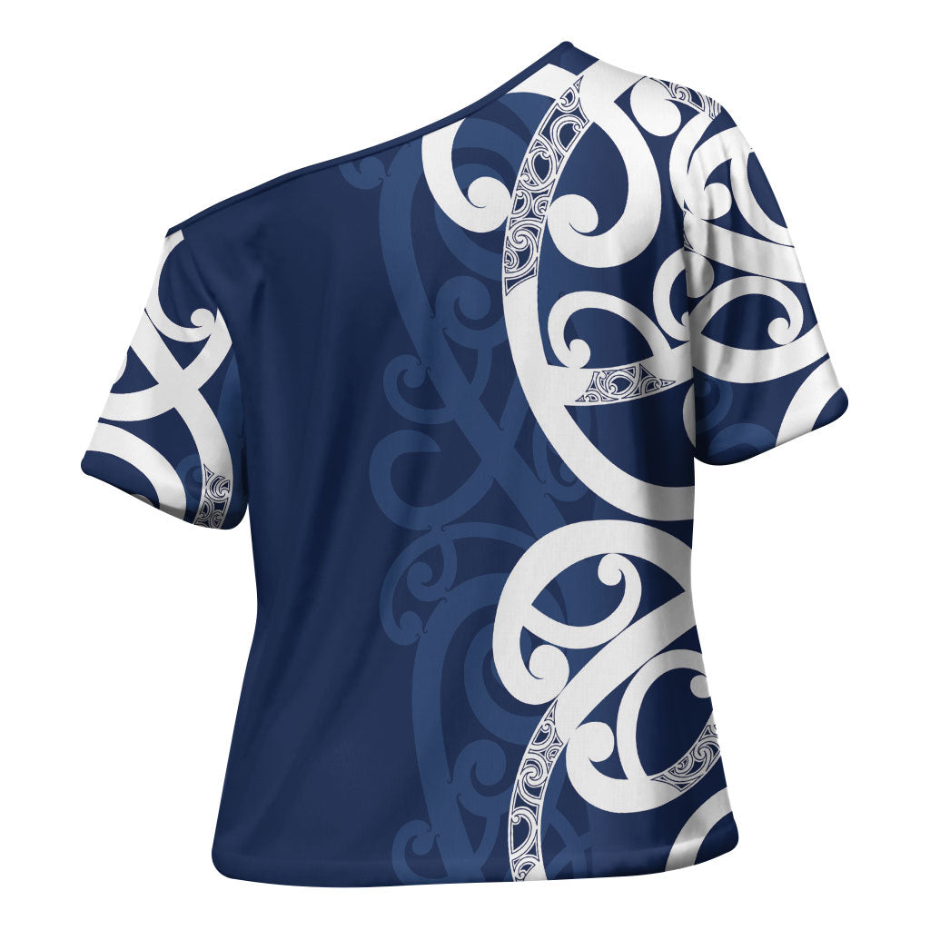 New Zealand Maori Mo Bros Cross Shoulder Shirt Blue Ribbon With Koru Kowhaiwhai
