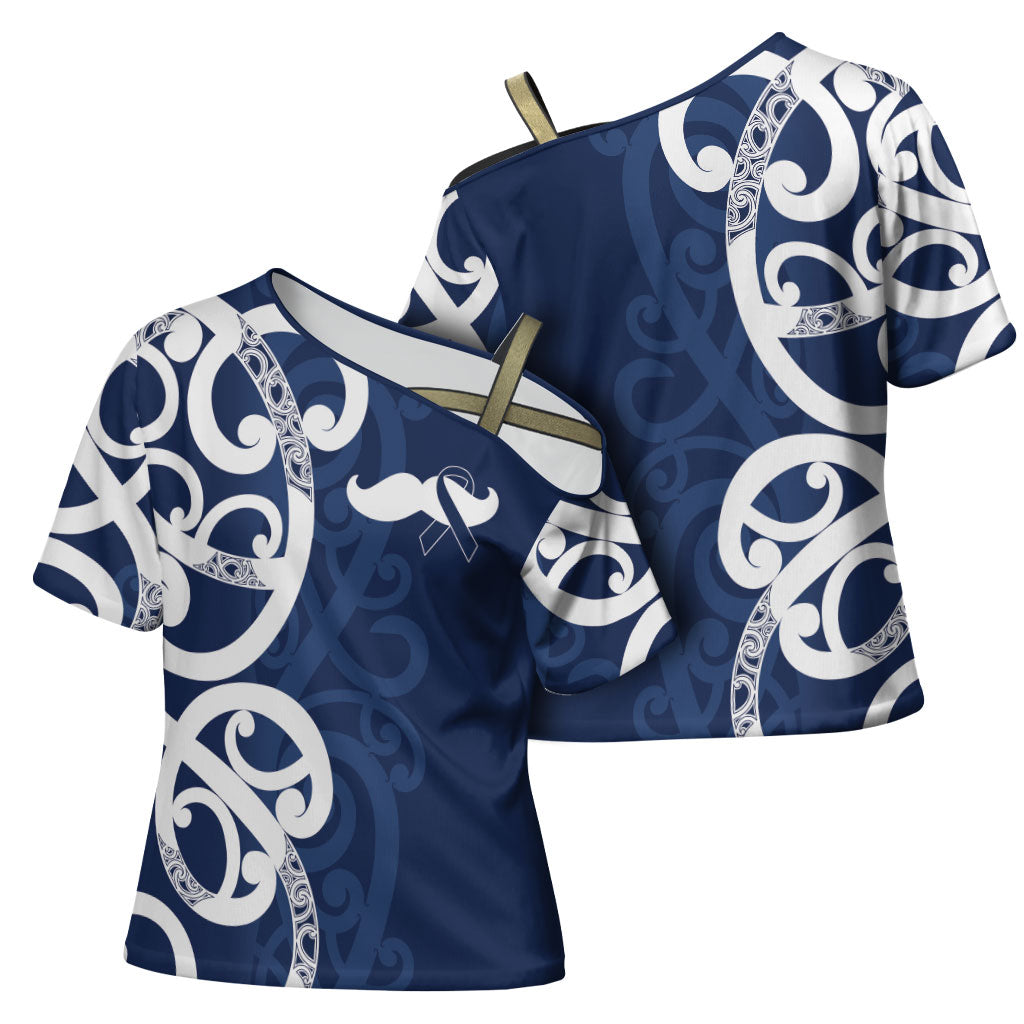 New Zealand Maori Mo Bros Cross Shoulder Shirt Blue Ribbon With Koru Kowhaiwhai