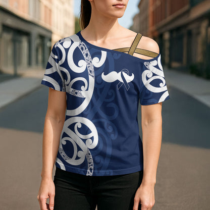 New Zealand Maori Mo Bros Cross Shoulder Shirt Blue Ribbon With Koru Kowhaiwhai