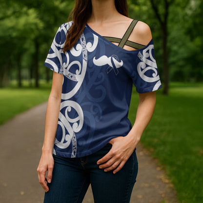 New Zealand Maori Mo Bros Cross Shoulder Shirt Blue Ribbon With Koru Kowhaiwhai