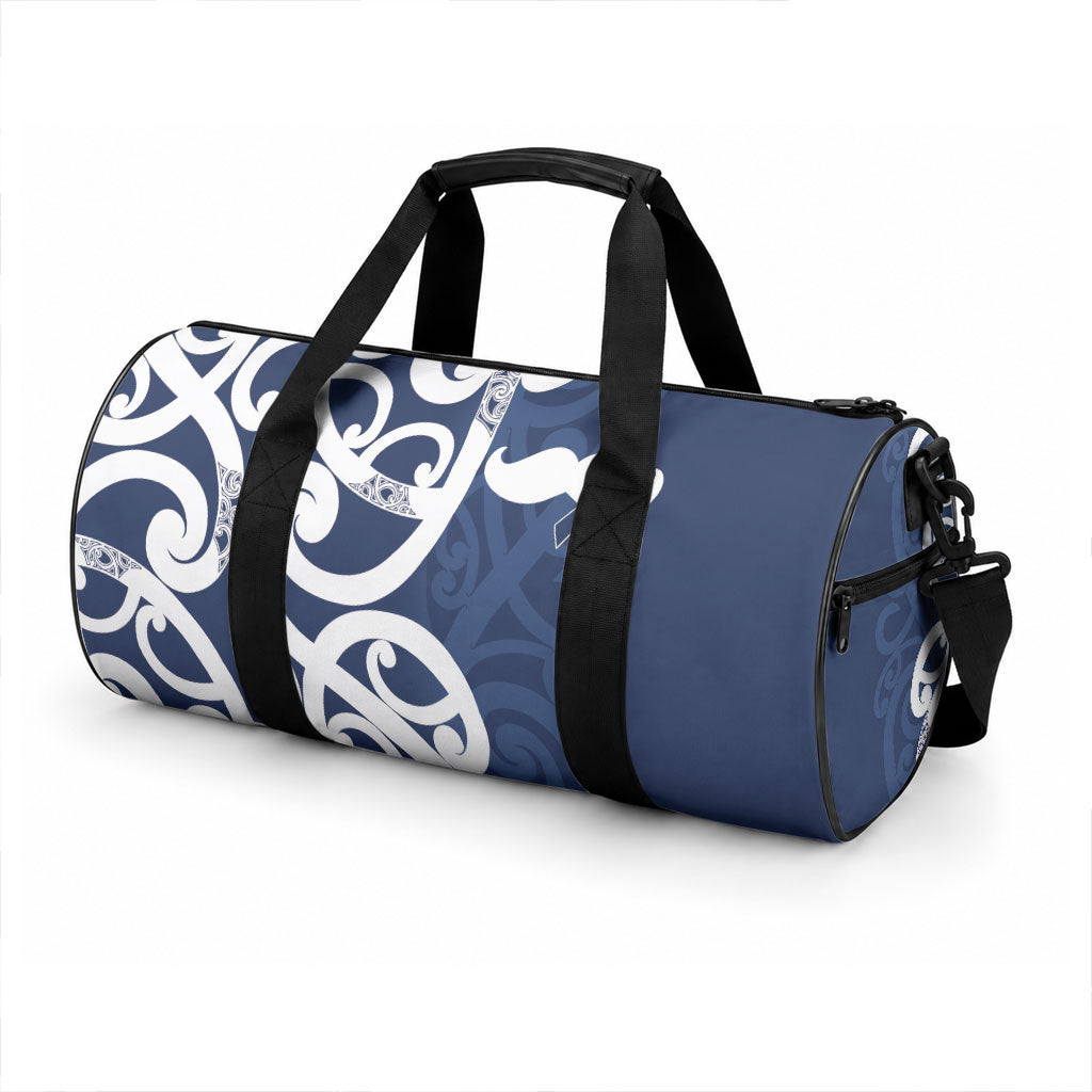 New Zealand Maori Mo Bros Duffle Bag Blue Ribbon With Koru Kowhaiwhai