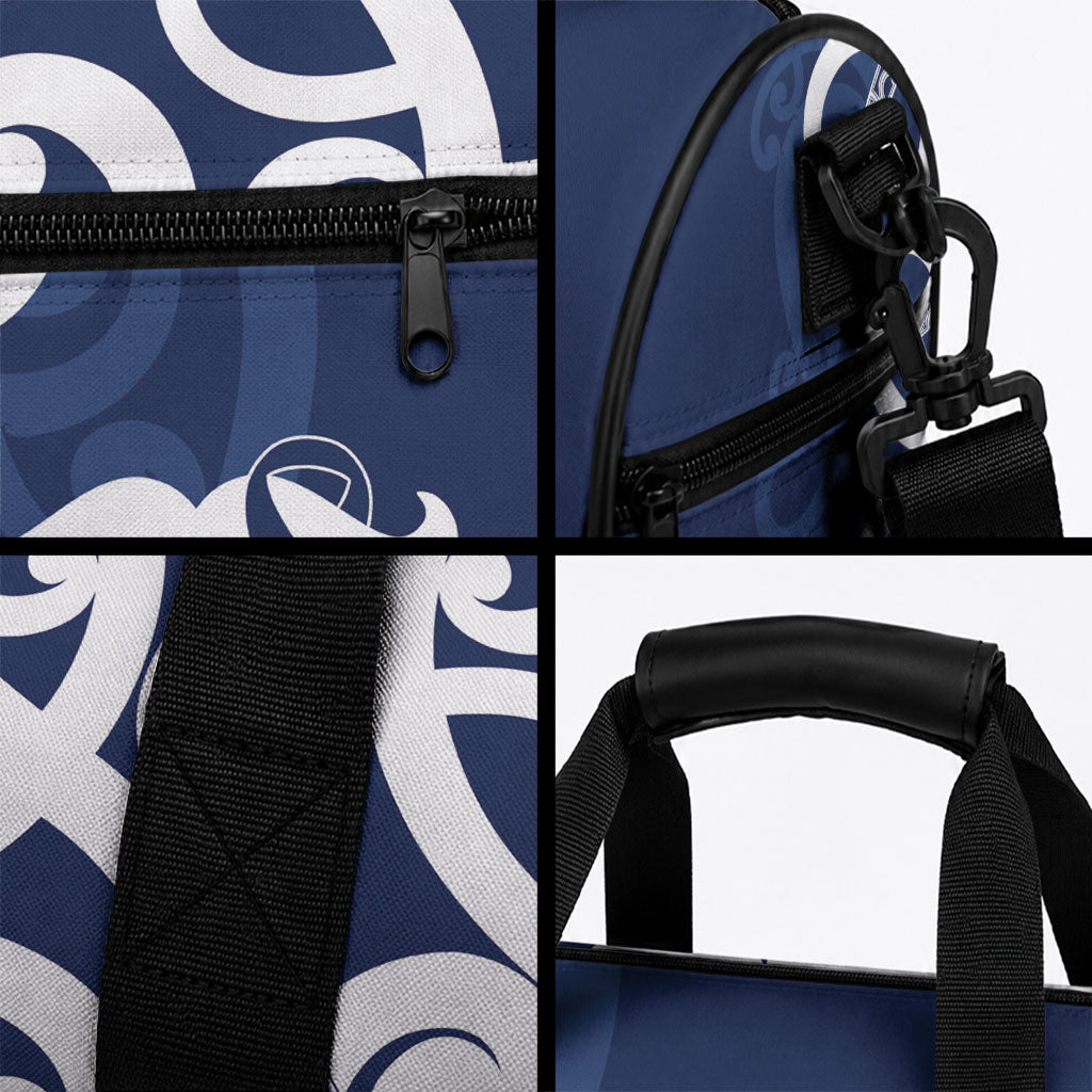 New Zealand Maori Mo Bros Duffle Bag Blue Ribbon With Koru Kowhaiwhai