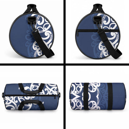 New Zealand Maori Mo Bros Duffle Bag Blue Ribbon With Koru Kowhaiwhai