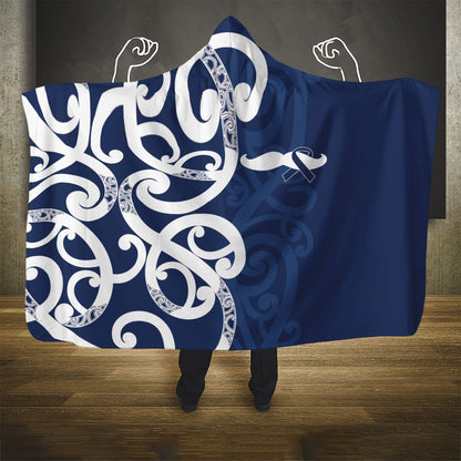 New Zealand Maori Mo Bros Hooded Blanket Blue Ribbon With Koru Kowhaiwhai