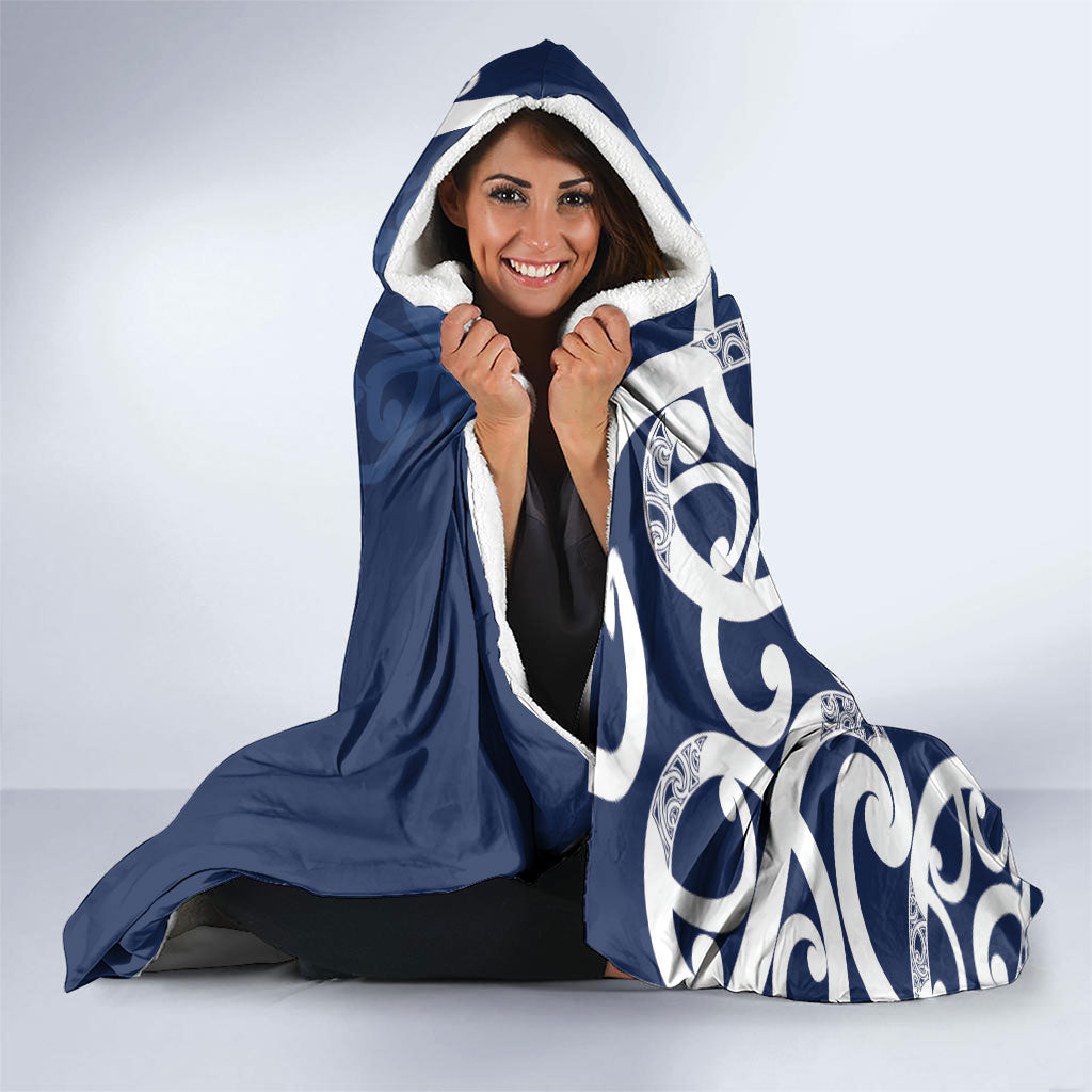 New Zealand Maori Mo Bros Hooded Blanket Blue Ribbon With Koru Kowhaiwhai