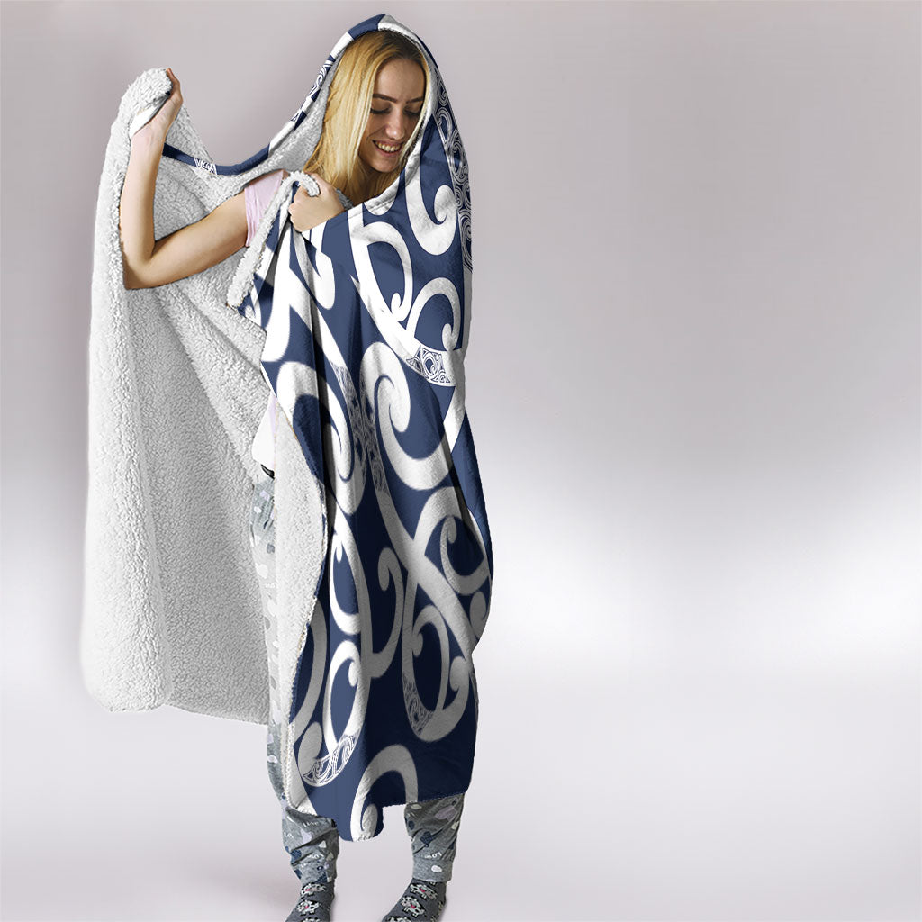New Zealand Maori Mo Bros Hooded Blanket Blue Ribbon With Koru Kowhaiwhai