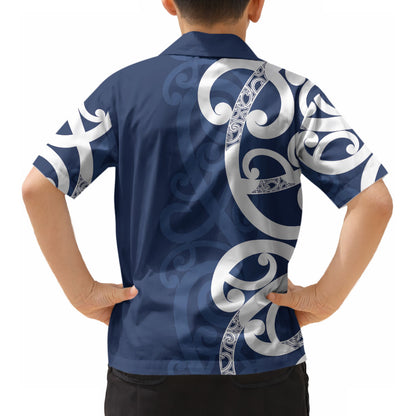 New Zealand Maori Mo Bros Kid Hawaiian Shirt Blue Ribbon With Koru Kowhaiwhai