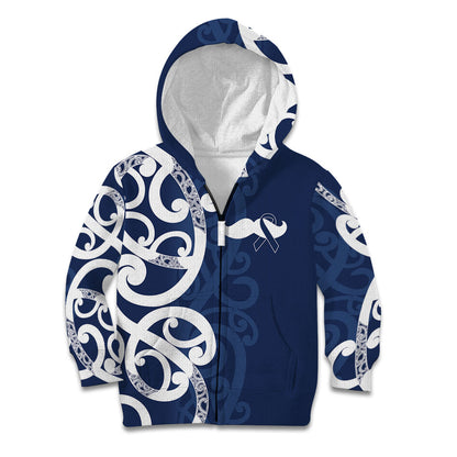 New Zealand Maori Mo Bros Kid Hoodie Blue Ribbon With Koru Kowhaiwhai