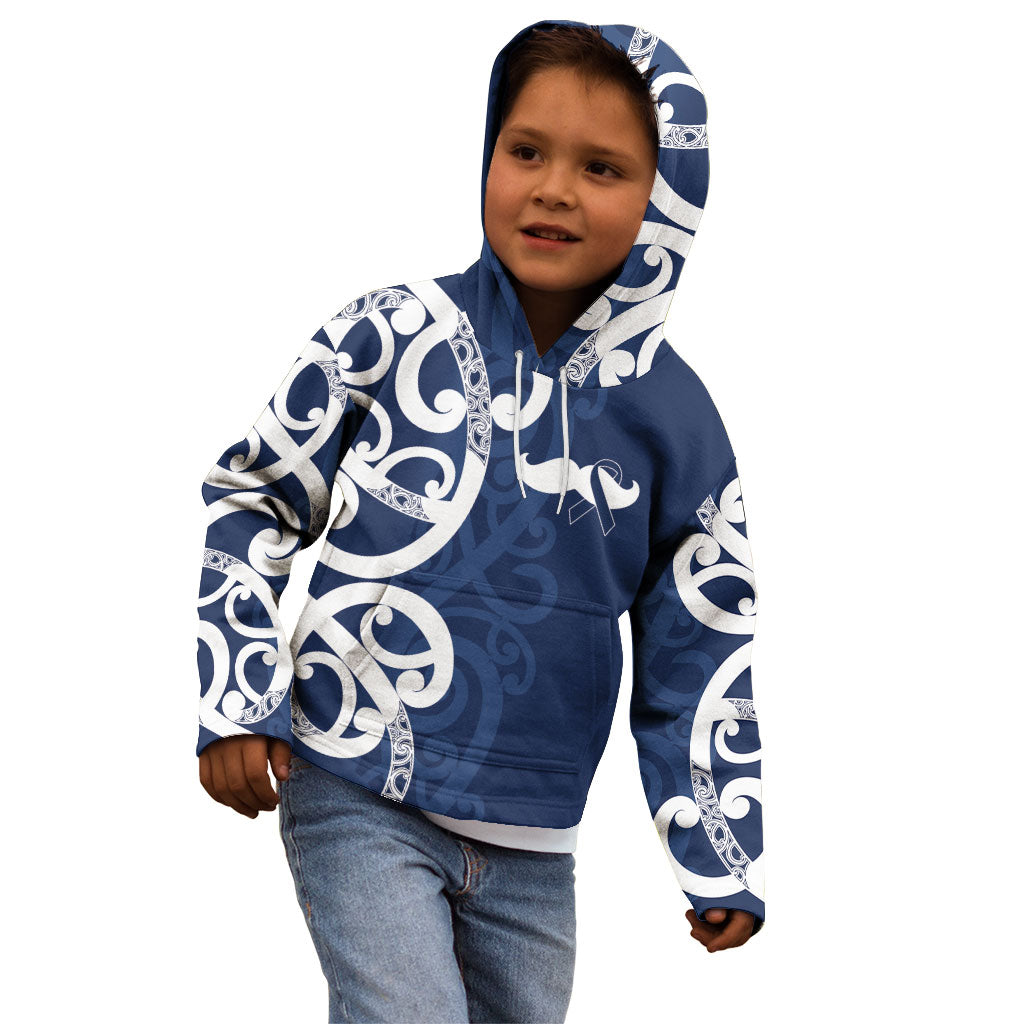 New Zealand Maori Mo Bros Kid Hoodie Blue Ribbon With Koru Kowhaiwhai