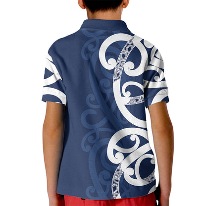 New Zealand Maori Mo Bros Kid Polo Shirt Blue Ribbon With Koru Kowhaiwhai