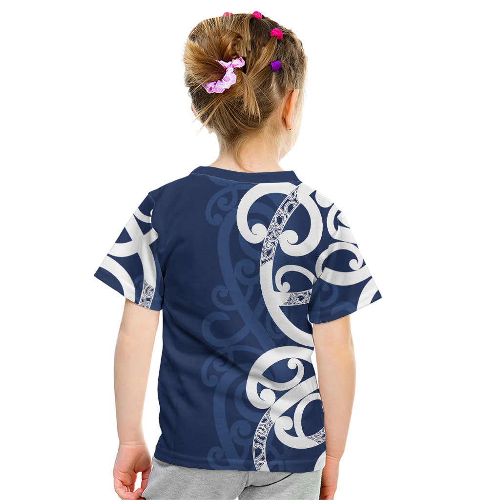 New Zealand Maori Mo Bros Kid T Shirt Blue Ribbon With Koru Kowhaiwhai