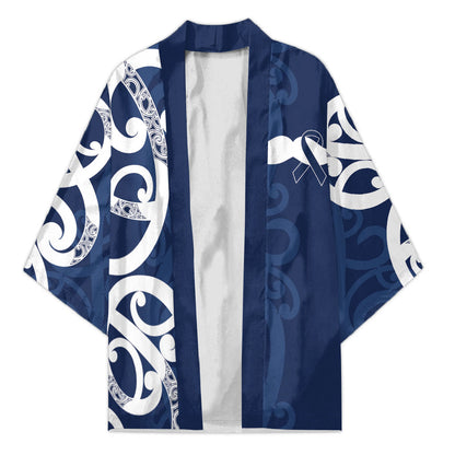 New Zealand Maori Mo Bros Kimono Blue Ribbon With Koru Kowhaiwhai