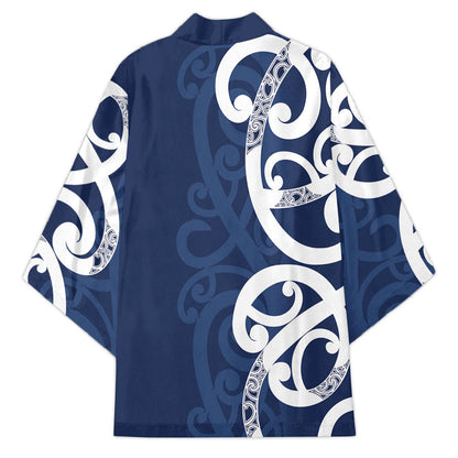 New Zealand Maori Mo Bros Kimono Blue Ribbon With Koru Kowhaiwhai