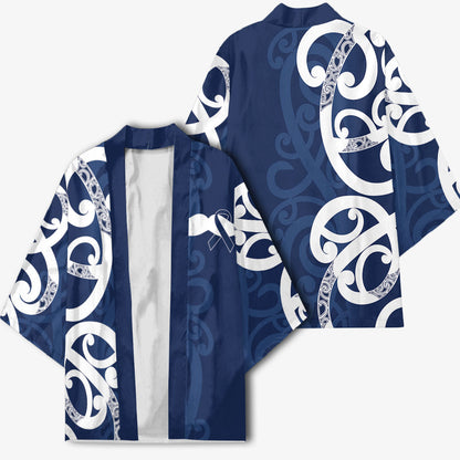 New Zealand Maori Mo Bros Kimono Blue Ribbon With Koru Kowhaiwhai