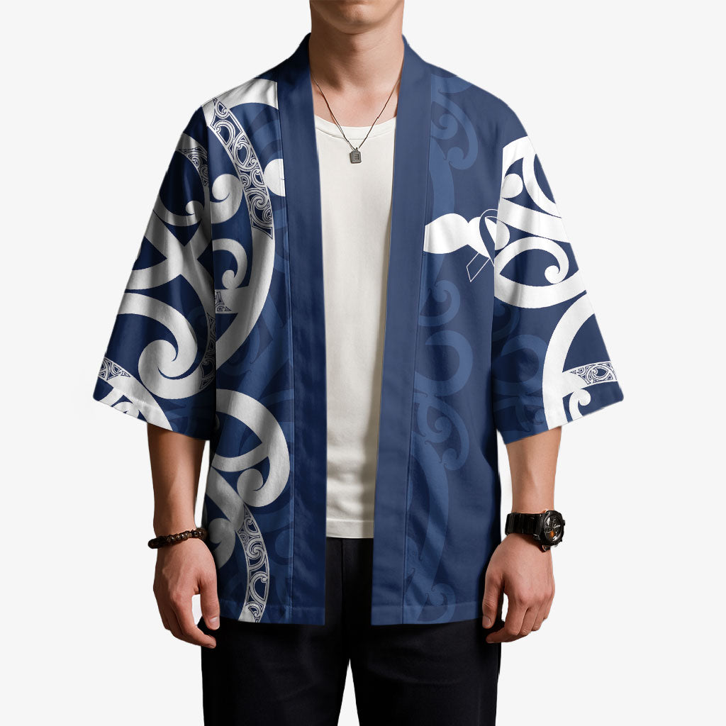 New Zealand Maori Mo Bros Kimono Blue Ribbon With Koru Kowhaiwhai