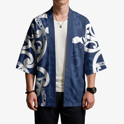 New Zealand Maori Mo Bros Kimono Blue Ribbon With Koru Kowhaiwhai