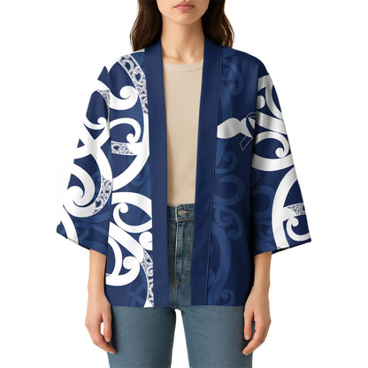 New Zealand Maori Mo Bros Kimono Blue Ribbon With Koru Kowhaiwhai