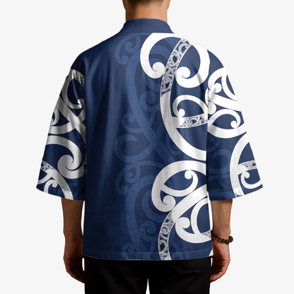 New Zealand Maori Mo Bros Kimono Blue Ribbon With Koru Kowhaiwhai
