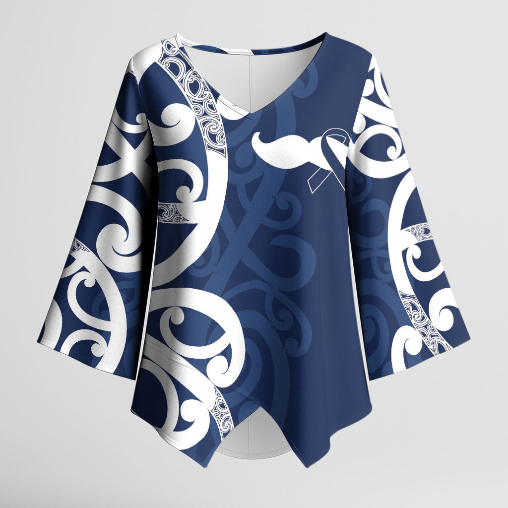 New Zealand Maori Mo Bros Kimono Sleeve Blouse Blue Ribbon With Koru Kowhaiwhai